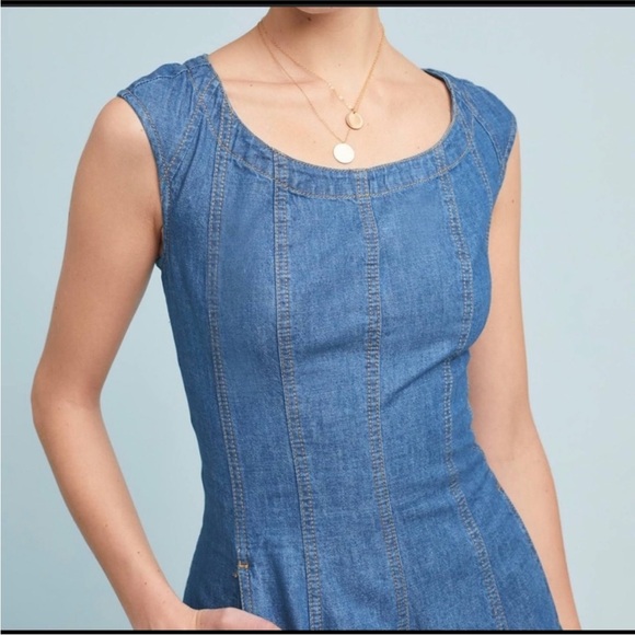 Anthropologie PILCRO Denim Midi Dress Fit N’ Flare Pockets Fitted Size 6 - Picture 2 of 9